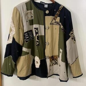 Fashion Bug Vtg Women Cardigan Jacket Sz 2X Tan Animal print Art To Wear Tribal‌